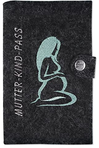 Goldi-Design mutterkindpasshülle österreich Silhouette kniend aus Filz anthrazit mit extra Fächer und Lasche mit Druckknopf (Mutter-Kind-Pass Hülle Österreich)