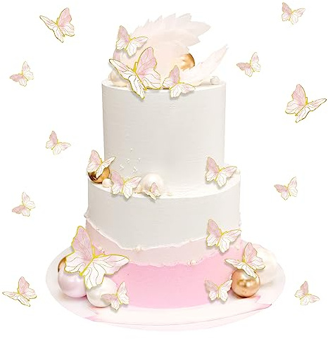 30 Pcs Butterfly Cake Decorations Butterfly Cake Topper Butterflies for Cakes Gold Butterfly Cake Toppers for Birthday Wedding Party Baby Shower Decor (Pink)