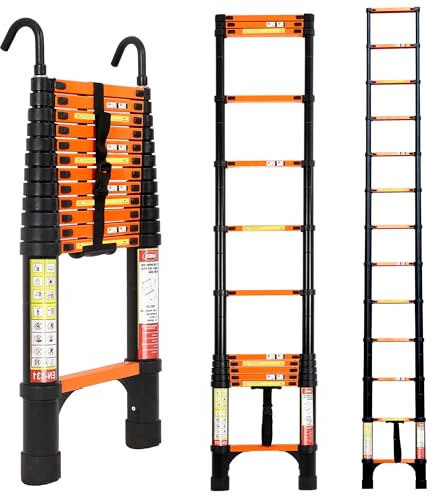 FEETE Scala telescopica da 12,5 m, scala estensibile in alluminio con stabilizzatori triangolari e ganci staccabili, portata 150 kg, scala telescopica espandibile per casa, esterno (arancione)