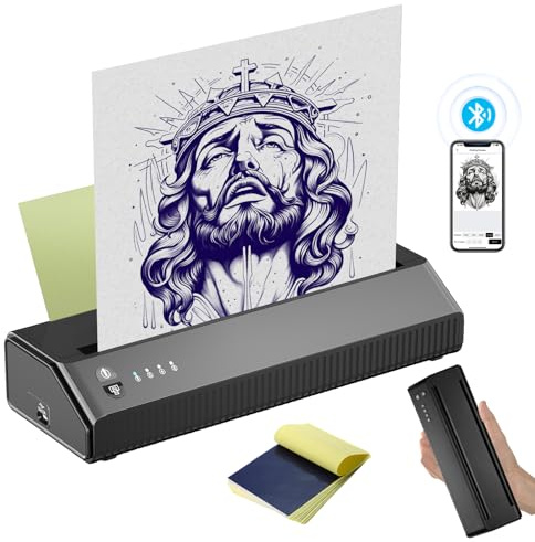 BLACKBUDDA Stencil Drucker, Blackbudda Tattoo Drucker Thermodrucker Maschine Tattoo Printer, für IOS Android PC mit 10 Blätter Transferpapier für DIY