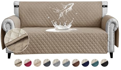 FIGOOO wasserdichte Sofabezug 4 Sitzer Dicke Sofaschoner Wasserdicht Gesteppte Sofa Überzug mit Seitentaschen Sofaüberwurf rutschfest Kratzfest für Haustiere Hunde Katzen,Khaki