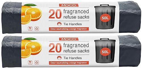 Moco Fragranced Refuse Sacks-Large Bin Bags With Tie Handles-Odour Neutralising Orange Fragrance-50L Black Bags-20 Trash Bags In One Roll (Pack of 2)