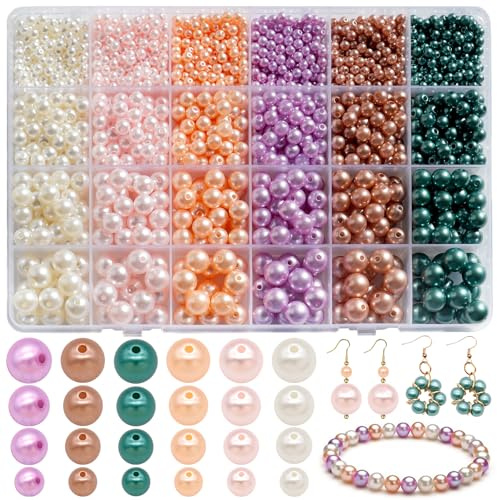 Dotilili 1890 Stück Bunte Perlen zum Auffädeln, 4/6/8/10mm Glasperlen Runde Perlen Set mit Löch für Armbänder Glatte lose Perlen für DIY Schmuckherstellung Basteln Perlenkette Armband Handwerk Dekor