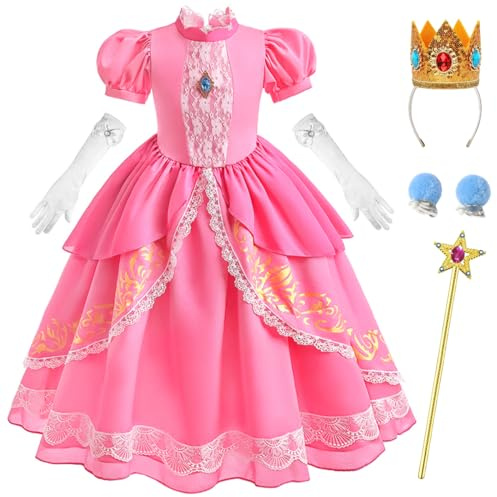 Zaisuifun Prinzessin Kostüm Mädchen Prinzessinnenkleid Kinder Pfirsich Kleid für Halloween Weihnachten Karneval Cosplay mit Zubehör, 146-152(Etikett 150)