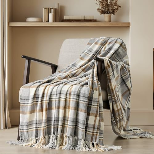 EverGrace Plaid Chenille Throw Blanket for Couch, Super Soft Cozy Decorative Farmhouse Plaid Throw with Tassels, Lightweight Chenille Knit Throw for Bed Sofa Gift Home Decor, Grey & Beige 60x80