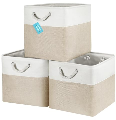 OrganiHaus Aufbewahrungsbox 33x33cm 3er-Set, Würfelkörbe aus Stoff mit Seilgriffen, Faltbare Aufbewahrungswürfel für Kallax Organizer, Ablagekörbe für das Kinderzimmer Beige/Weiß