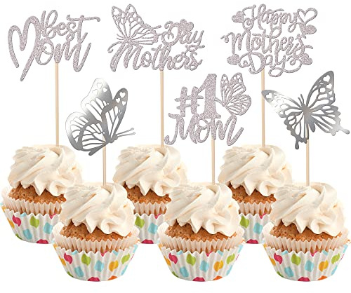 Xsstarmi 36 Pack Happy Mother's Day Cupcake Toppers Glitter 1 Mom Butterfly Best Mom Cupcake Picks Decoration for Mother's Day Theme Birthday Party Cake Decorations Supplies Silver