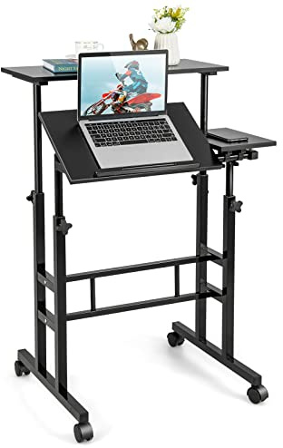 CASART Rolling Computer Desk, Height-Adjustable Standing Desk with Castors, Shelf & Tilting Top, Home Office Computer Workstation Side Table for Living Room Bedroom Study Small Spaces (Black)