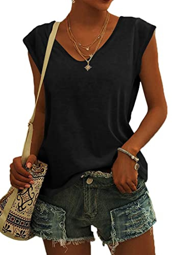 NARRAME Camiseta de Mujer con Mangas Casquillo y Cuello en V, Blusa de Verano para Mujer, Blusa Informal Ligera Liso Negro Small S 34-36