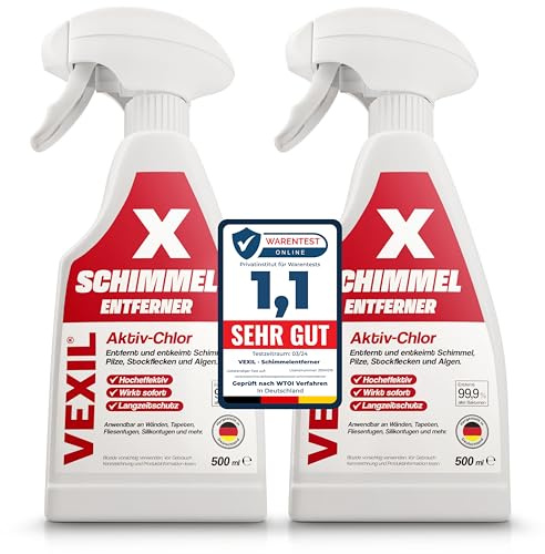 VEXIL Profi Schimmelentferner für Wand, Bad, Fliesen, Fugen & mehr – mit AKTIV-CHLOR und HAFTEFFEKT – Extra starkes Schimmelspray – auch als Fugenreiniger geeignet – 2x 500 ml – Made in Germany