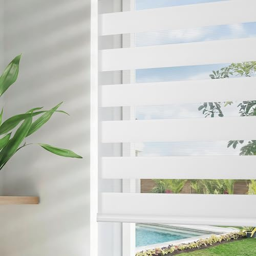 Joydeco White Sheer Zebra Blinds for Windows Cordless 70 Inch Wide,Privacy Light Filtering Dual Layer Roller Shades for Home Office Bedroom, 70 W×75 H