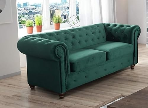 RestNest Chesterfield Sofa | Large 2 Seater Living Room Suite | Dark Green Plush Fabric Settee | Classic Button Tufted Arm Design