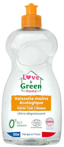 Love & Green Home Liquide Vaisselle mains écologique certifié Dermatest et Ecodétergent par Ecocert. Ultra-dégraissant parfum fleur d'oranger - Fabriqué en France - 500ml
