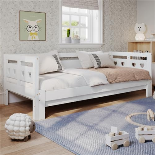 Herzförmiges Ausziehbares Tagesbett, Massives Kiefernholz, 90 X 190 Cm, Sofa Und Bett Mit Doppeltem Verwendungszweck Und Ausziehbarem Rollbett, Ideal Für Kleine Räume Und Gästezimmer, Leic(Color:Weiß)