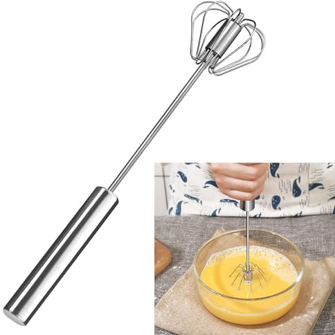 Egg Whisk Stainless Steel Hand Push Rotary Whisk Blender, Semi Automatic Blender Mixer Egg Beater Milk Frother Kitchen Tool for Cooking, Whisking, Blending, Beating, Stirring (11 inch)