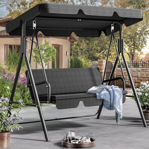 YITAHOME Hollywoodschaukeln mit Liegefunktion, Outdoor Hollywoodschaukel 3 Sitzer, 270KG Belastbar, Gartenschaukel mit Sonnendach & Abnehmbarem Kissen für Erwachsene, 170x110x153cm, Schwarz