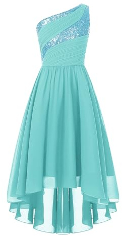Linjinx Mädchen Festliches Kleid One Shoulder Chiffon Kleid Slim Fit Abendkleider Cocktailkleid Vokuhila Kleider Brautjungfer Kleider Türkis 134-140