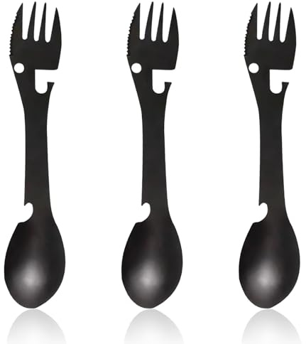 Travel Cutlery - Premium Titanium Spork Reusable- Portable Camping Cutlery Set,Bottle Can Opener Outdoor Spoon Fork Eating Multi-Tool Utensil (3PCS Black)