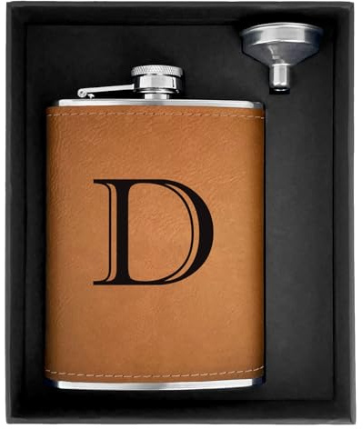 CARAKNOTS Hip Flasks for Liquor for Men Leather Drinking Whiskey Flask with Initials Engraved Stainless Steel with Funnel 8 OZ Groomsmen Gifts Personalized Christmas Birthday Gifts for Him Letter D