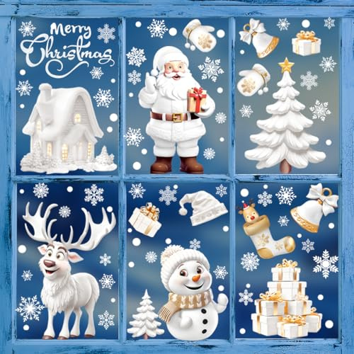 Fensterbilder Weihnachten Selbstklebend, Bunt Fenstersticker Fensteraufkleber Weihnachts Fensterdeko Groß, Wiederverwendbar PVC Weihnachtsdeko Schneeflocken Fensterbild Kinder Winter Fenster Tür Deko