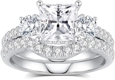 2.5CTTW Moissanite Wedding Ring Sets D Color VVS1 Moissanite Ring Sets,1.5CT Princess Cut Moissanite Engagement Ring 18K White Gold Plated 925 Sterling Silver Moissanite Ring(7)
