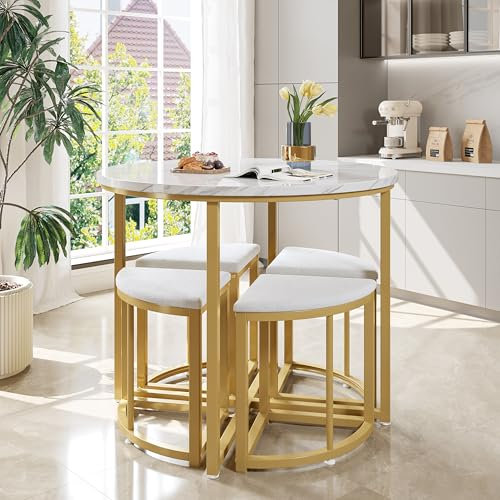 BXEYXE Juego de Mesa de Comedor Con Cuatro Sillas, Conjunto Con Tablero MDF y Marco de Hierro Dorado, Sillas de Terciopelo Modernas de Lujo, Blanco