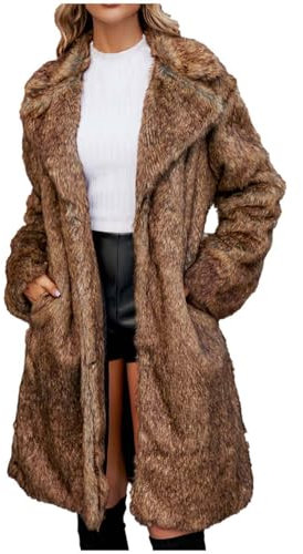 Komiseup Fleecejacke Damen, Winterjacke Damen Lange Winter Pelzmantel Elegant Kunstpelz Jacke Offener Front Wintermantel Dick Plüschjacke mit Kapuze Warme Kunstfell Oberbekleidung Faux Pelz Coat 37