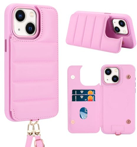 Butnyeoe Crossbody Wallet Case for iPhone 13/14(6,1) with Card Holder Magnetic Charging Kickstand,Flip Leather Phone Case,RFID Blocking Protective Cover,Wrist Strap Lanyard Handbag,Rose