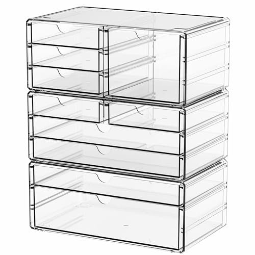 Yieach 3 Pack Clear Storage Drawers With 10 Drawers,Stackable 11.1” Large Acrylic Drawer Organizer and Makeup Organizer For Vanity,Bathroom Countertop,Cabinet,Pantry,Office Supply Storage Bins Drawers