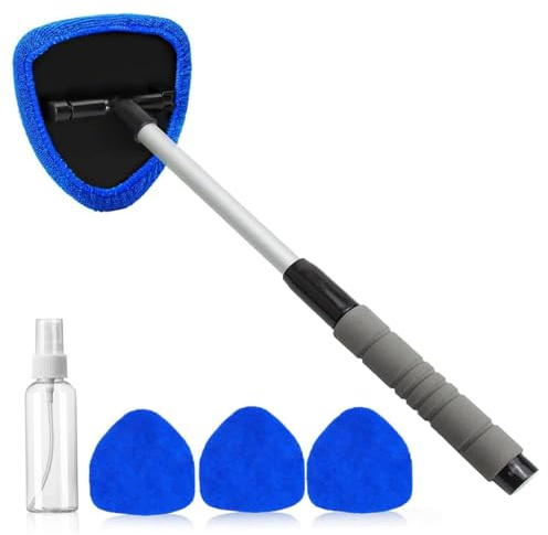 Outil de nettoyage de pare-brise - Tête rotative à 180° - Extensible - Avec 4 tampons réutilisables et lavables - Kit de nettoyage de vitres pour SUV, camping-car, camion, voiture