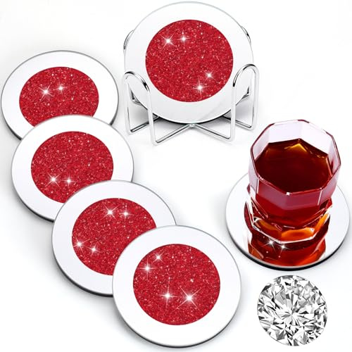 Jetec 6 Pcs Mirrored Glass Coasters with Holder, Bling, Red, 4 Inch