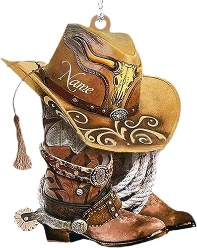 Adorno colgante de botas de vaquero marrón para árbol de Navidad, botas de vaquero y sombrero, accesorios de espejo retrovisor de coche, decoración de Navidad, botas y sombreros de vaquero