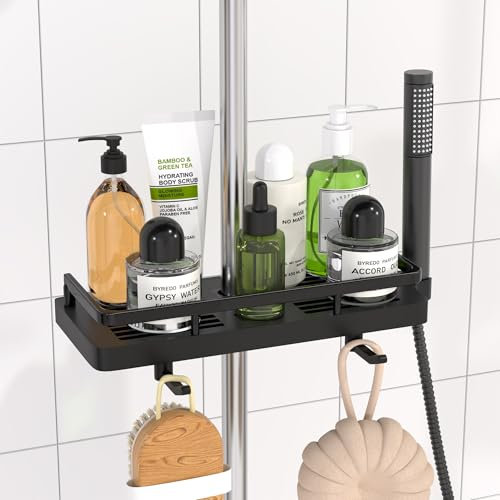 DIYGEEK Mensola Doccia Senza Foratura, Supporto per Accessori da Bagno con 2 Ganci e Supporto per Doccia, Adatto per Aste da Doccia 18mm-25mm Bianco, 1 Pezzo, Nero
