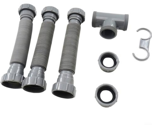 Juego de desagüe de doble fregadero ajustable, flexible, 1-1/2 y 1-1/4 pulgadas, sifón P, ampliable 20-80 cm, gris, plástico, para cocina y baño