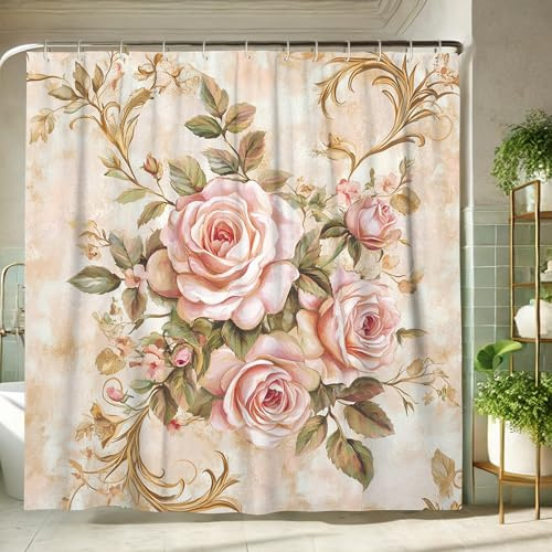 Vintage Blush Pink Floral Shower Curtain, Spring Summer Bathroom Decor Waterproof Bath Curtain Elegant Botanical Fabric Bath Curtain with Hooks 72x72 Inch