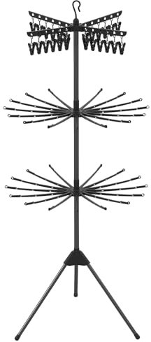 COSTWAY Foldable Clothes Drying Rack, 3-Tier Clothes Airer Dryer Horse with 24 Clips, 32 Hanging Rods and Rotatable Arms, 178cm Freestanding Tripod Laundry Towel Rack Hanger for Indoor Outdoor