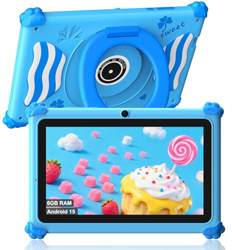 ascrecem Tablette Enfants 7 Pouces Android 15 Tablette pour Enfant avec 2.4G+5G WiFi6 Penta Core 6Go RAM 32Go ROM Double Caméra 128Go Extension Tablet Tactile Éducative Contrôle Parental (Bleu)