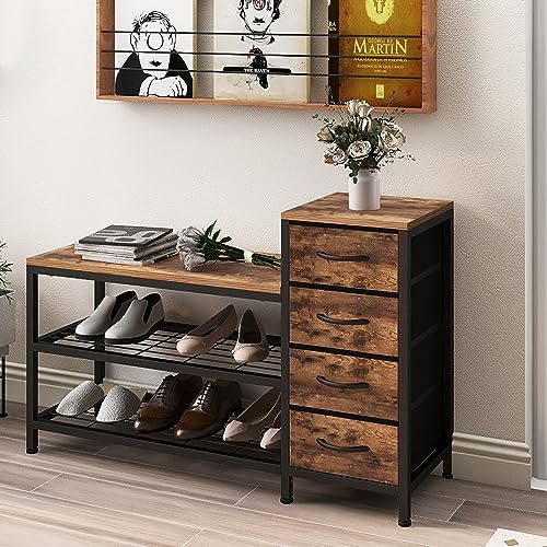 Welfuturer 3-stufige Schuhbank mit 4 Schubladen und Sitzfläche Schuhregal mit Stauraum für Flur, Eingang, Wohnzimmer oder Diele Metallrahmen & Holzoberfläche