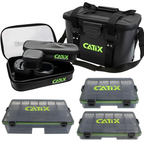 Catix Angelbox Set – Tackle Container mit 3 Boxen & 4 Deckeltaschen Wasserdicht & Robust Angelzubehör Aufbewahrung für Köder, Haken, Vorfächer & Gummiköder