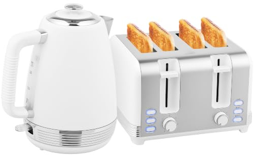 HOMCOM Edelstahl Wasserkocher und Toaster Set 2200 W und 1,7 L, 4-Scheiben-Toaster, 7 Bräunungsstufen, Schnellaufheizung, Strix-Thermostat, Anti-Kalk-Filter und Krümelschale, weiß