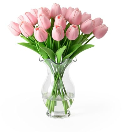 COONE 18 Stück Künstliche Tulpen, Real Touch PU Kunstblumen Wie Echt, Blumenstrauß Für Hochzeit, Party, Büro, Zuhause, Muttertag, Frühlingsdekoration, Tischdeko, Garten, DIY Blumenarrangement (Rosa)​