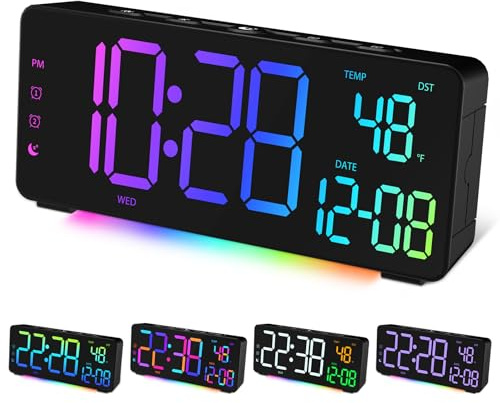 EVILTO Digital Alarm Clocks for Bedrooms, RGB Desk Clock with 15 Color Display, Date Temperature and Weekday, DST, Snooze, 2 Alarms, Ambient Lighting, Alarm Clocks for Living Room, Bedside
