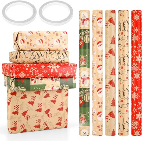 Carta da Regalo 43 Cm x 300 Cm Carta da Regalo Natalizio Set 5 Rotoli da Regalo Natalizia Kit Pacchi Regalo Natale Pacchi Regalos Natale Vintage per Tutte Le Feste Di Compleanno e Occasioni Speciali