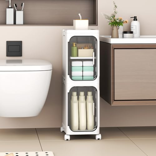 YVVVVY 20cm Bathroom Storage Cabinet, Waterproof Slim Tolilet Unit with Wheels and Removable Shelves, Freestanding Narrow Storage Floor Shelf for Small Space, Kitchen (21W*67H*34D)