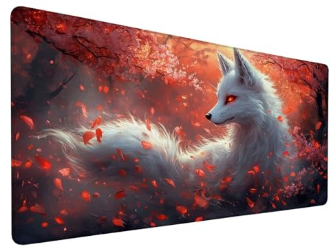 Tapis de Souris Gaming Renard Tapis de Souris XXL 23.6x11.8x0.12 inch Arbre Gaming Mousepad Extended Tapis de Bureau avec Imperméable Antidérapante et Bords Cousus pour PC, Ordinateur, Model 203