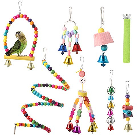 lyrlody Juguete para Aves 8PCS Columpio de Cuentas de Madera Giratorio con Campanillas Cuerda de Pescado y Bloques para Masticar Accesorio para Jaula de Loros y Pequeñas Mascotas