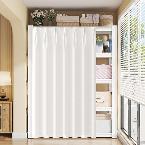 Washable Sliding Closet Curtain, White Dustproof Privacy Shelf Curtain, Shade Curtains, Self-Adhesive Whisper Track, No Drilling Required, For Kitchens and Wardrobe,B,W 160 cm x H 200 cm