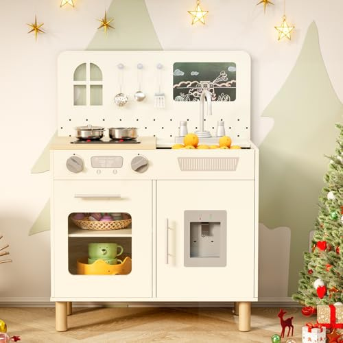 MAMIZO Wooden Play Kitchen for Kids, Toy Kitchen with Realistic Light & Sound, Interactive Kids Kitchen with 5 Pcs Cookware, Oven, Water Dispenser, Storage Cabinets & Chalkboard for Ages 3+ (Cream)