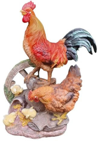 Aspinaworld Gartenfigur Hühner Set 44 cm Hahn Henne Küken mit Holzrad – wetterfeste Hof-Szene als Trio, Bauernhof Tierfigur für Garten