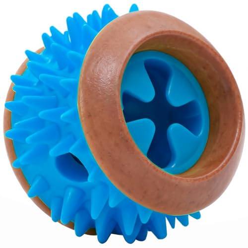JC HOUSE Dog Balls Toys – Treat Dispensing Interactive Chew Toy Ball with Holes, Bacon Scented Dental, Soft TPR Rubber, Textured Spikes, Tough Rims, 3 inch (7.6cm) for Small & Medium Dog Breeds（Blue